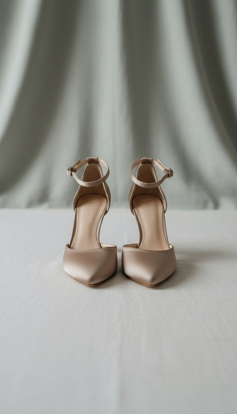 Taupe Satin Ankle-Strap Heels